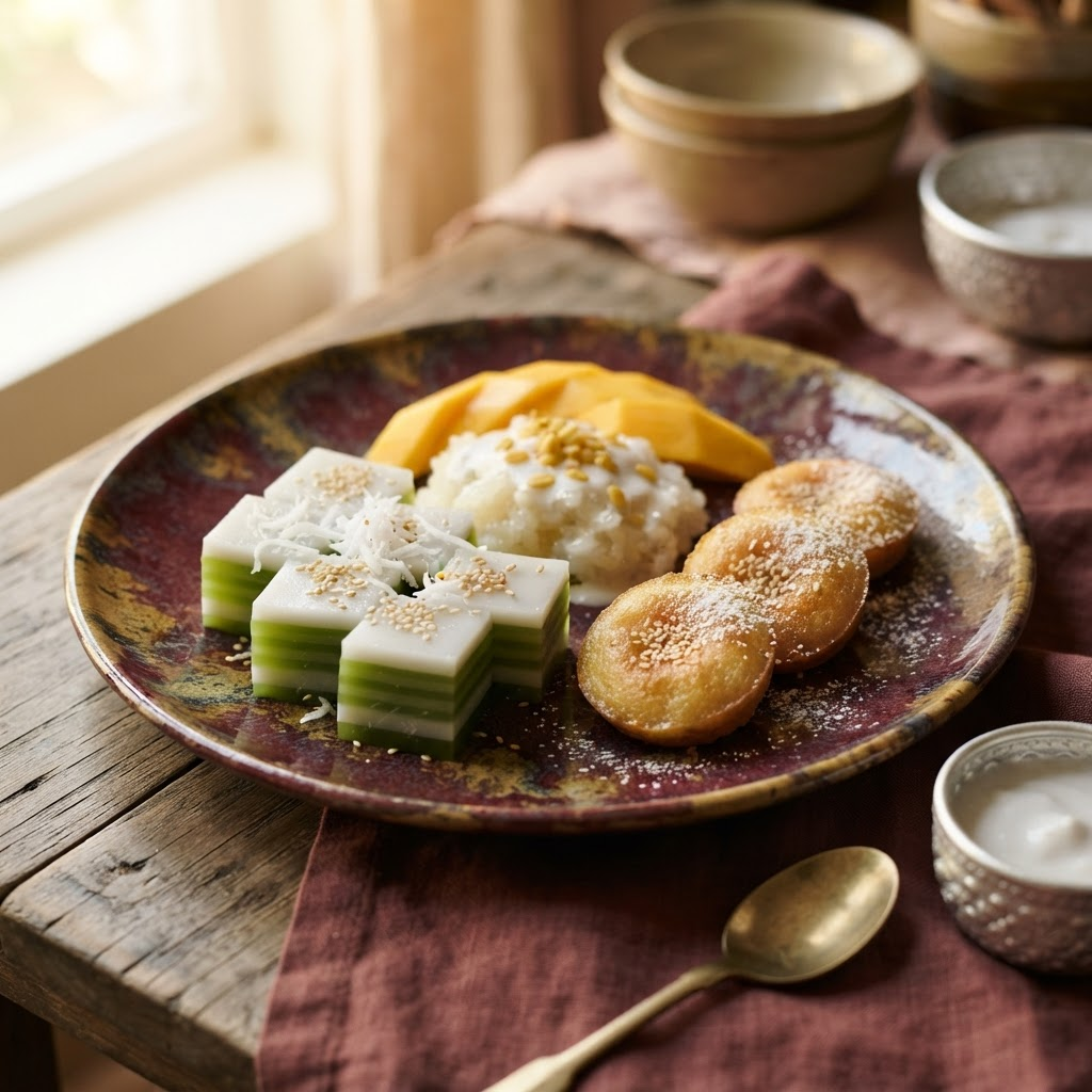 A close-up plate of traditional Cambodian coconut and pandan desserts