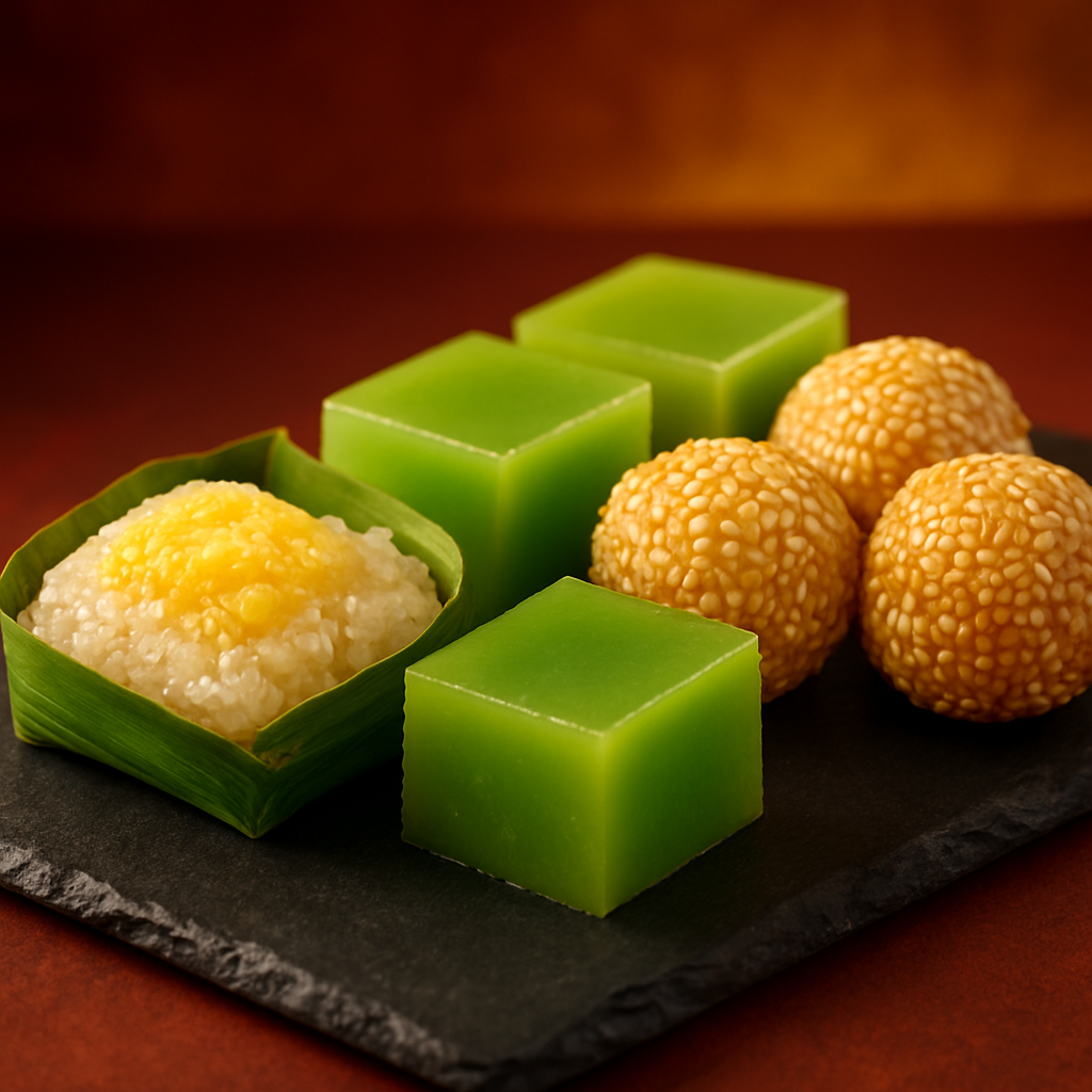 A selection of colourful Cambodian desserts on a plate