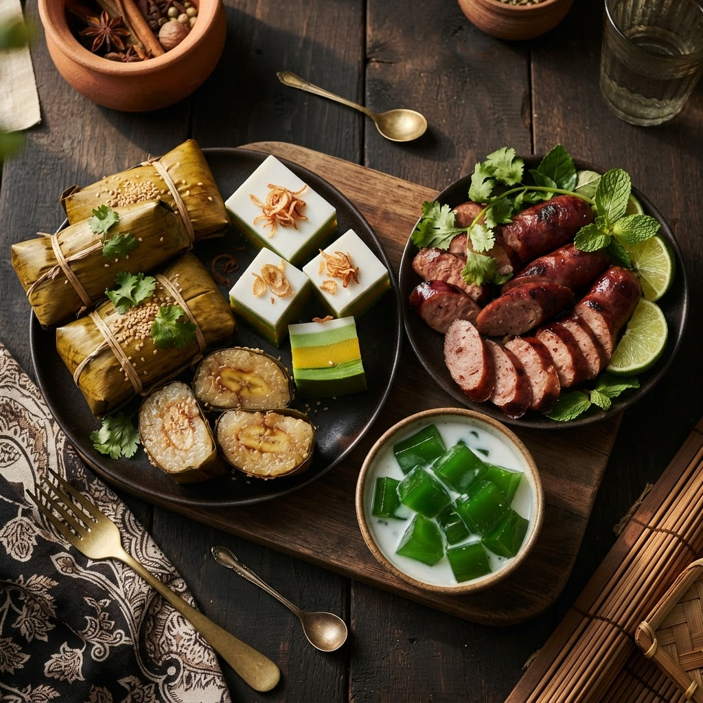 An overhead spread of Cambodian desserts and grilled sausages