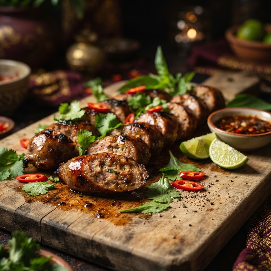 Grilled Cambodian sausages sliced on a wooden board